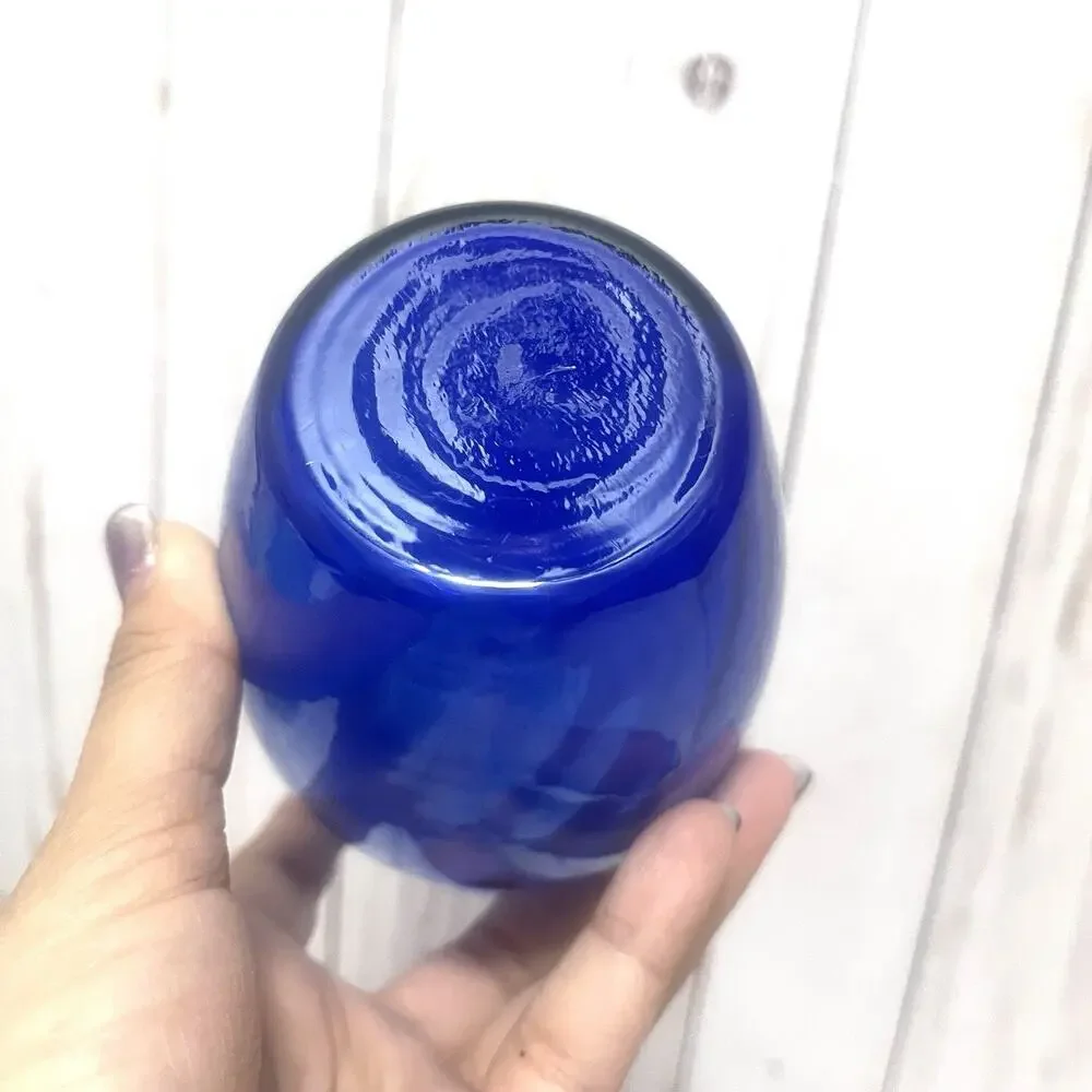 Cobalt Blue Glass Vase Optical Swirl Ribbed Small Vintage Style Decor